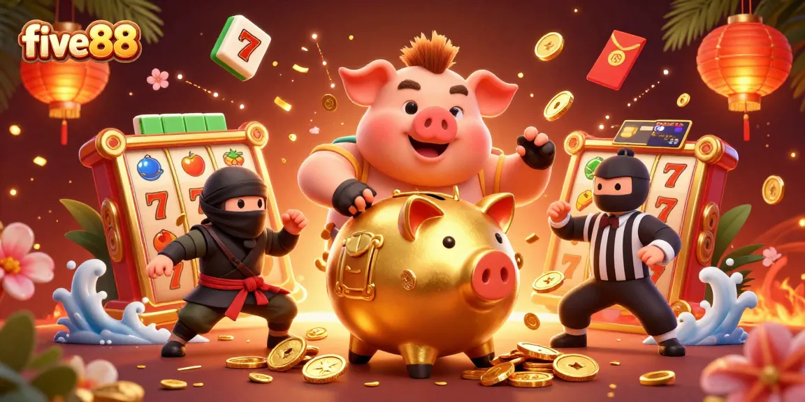 Experience five88's dynamic casino scene with vibrant characters and slot games in action.