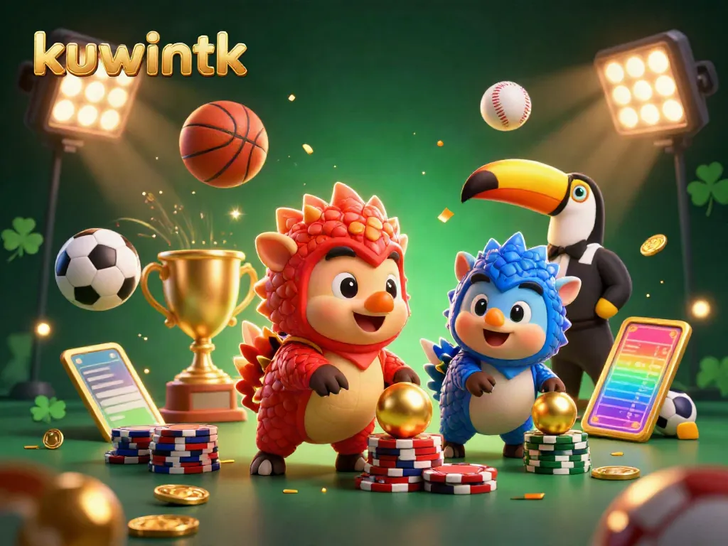 Engage in thrilling casino action with kuwintk's dynamic pangolins rolling through poker chips and flying sports balls.