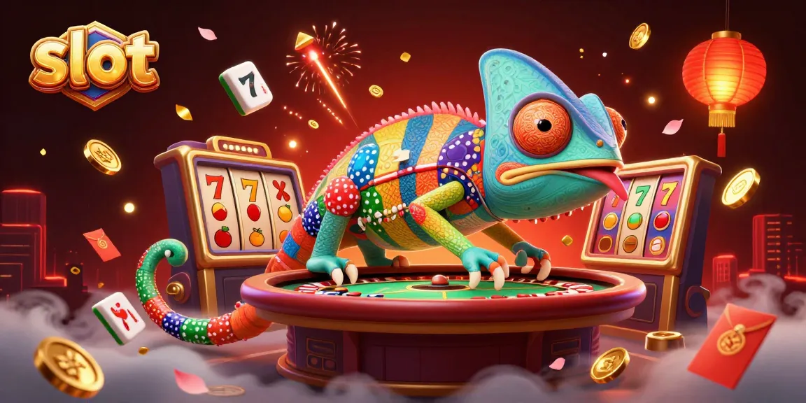 Experience big wins with vibrant slot symbols and a colorful chameleon casino owner in action