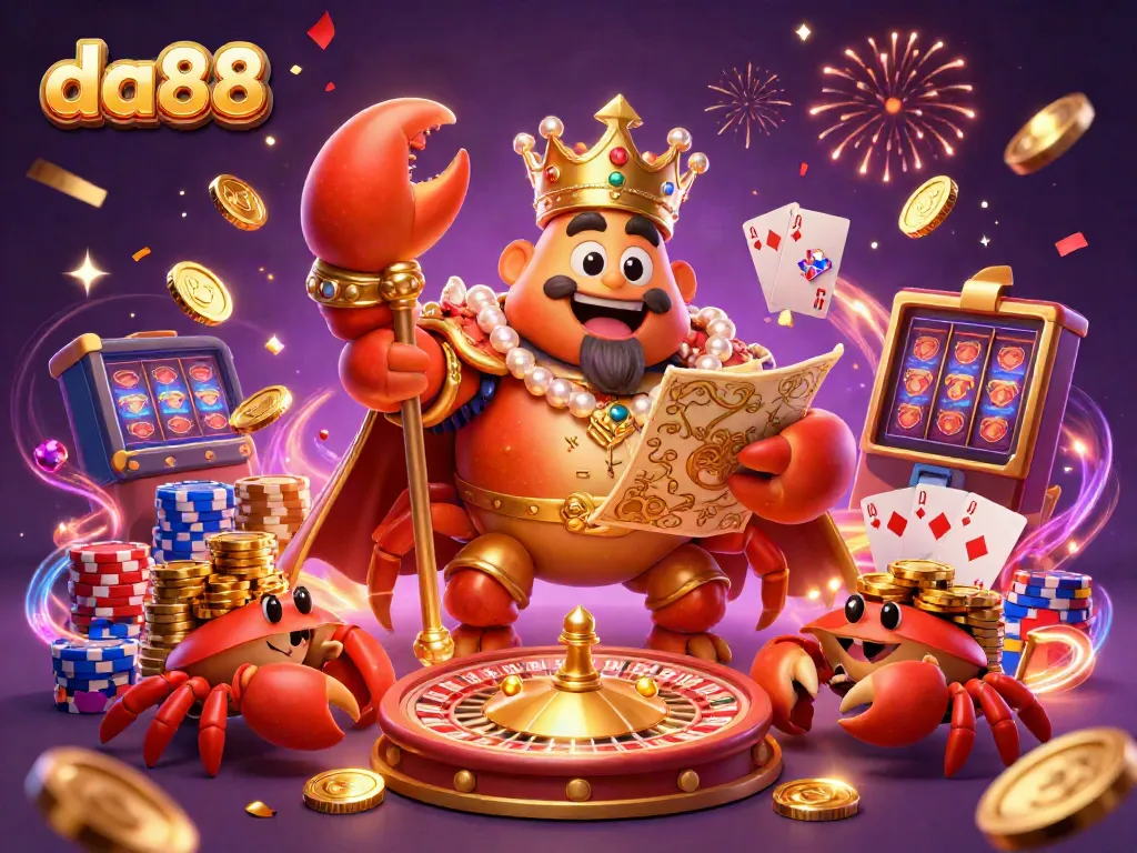 Experience big wins at da88 with a vibrant casino-themed illustration showcasing a whimsical crab emperor amidst sparkling riches.