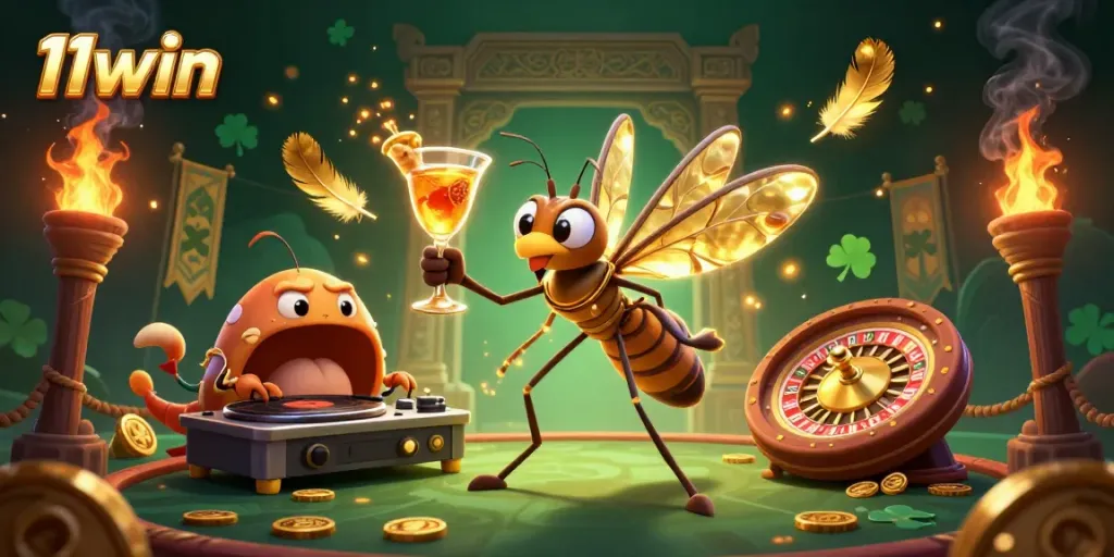 Engage in thrilling games at 11win with a vibrant casino scene featuring a unique mosquito mascot and fossil DJ.