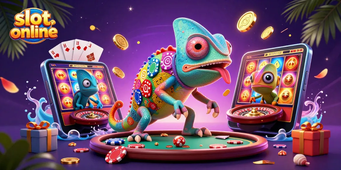 Experience slot online excitement with a vibrant chameleon casino owner snatching golden coins amidst dynamic gaming elements.