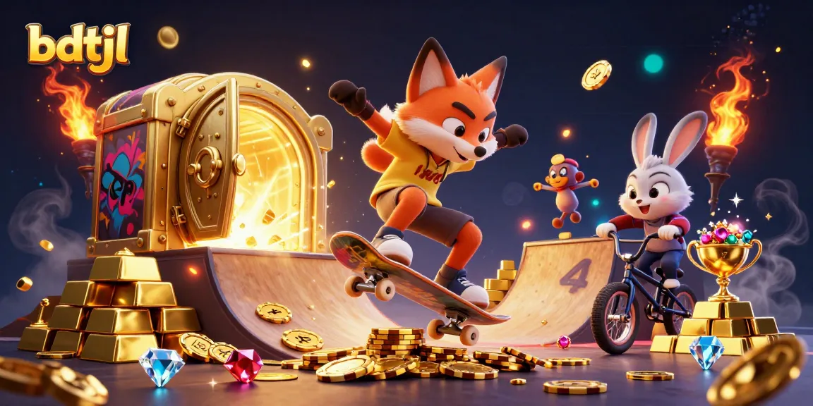 Experience thrilling casino action with bdtjl as a skateboarder fox performs tricks in a vibrant 3D scene.