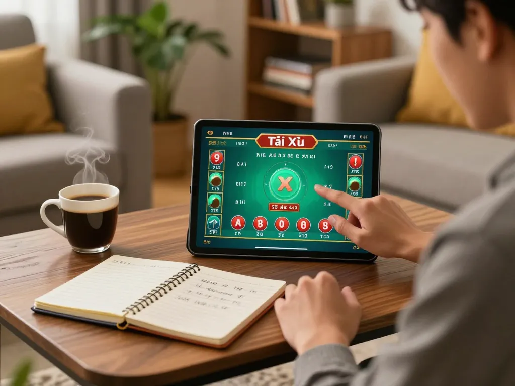 Tài Xỉu online gaming session at home, with a player strategizing their next bet on taixiuonline8.