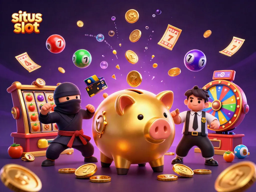 Experience vibrant gameplay at situs slot with a dynamic 3D casino scene featuring a golden piggy bank and jackpot elements.