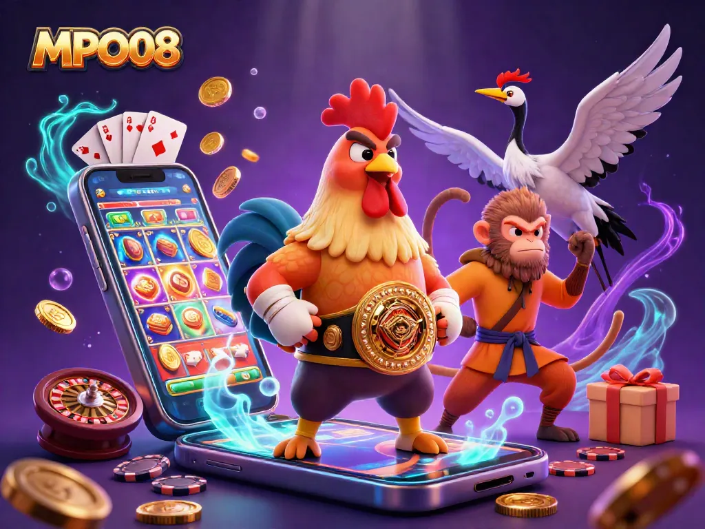 Engage with MPO08's thrilling casino scene featuring dynamic gaming elements and vibrant characters.