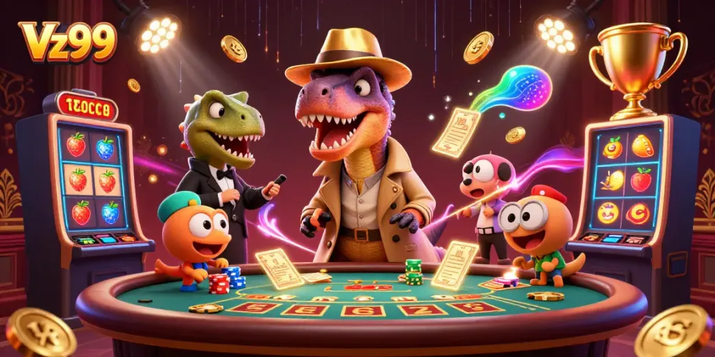 Countering at Vz99's blackjack table with 3D velociraptor and dynamic gaming elements.
