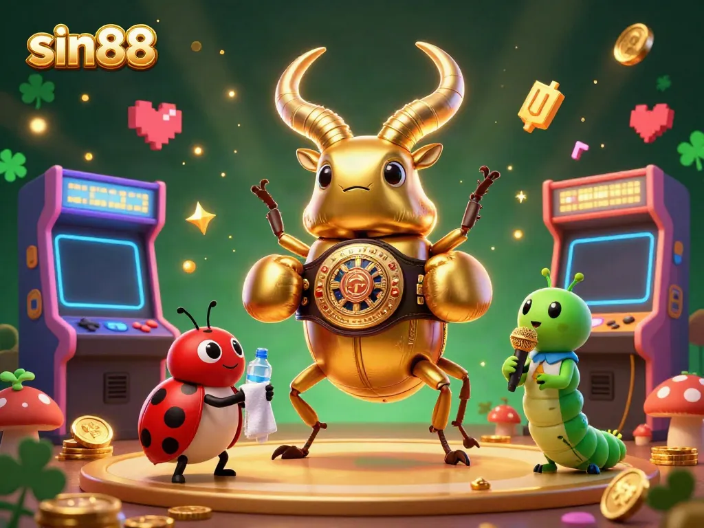 Experience the lively world of sin88 with a golden beetle champion surrounded by colorful gaming elements.