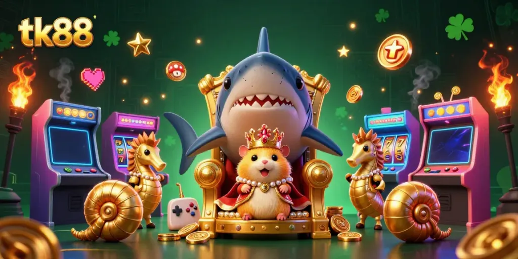 Engage with tk88's vibrant casino world featuring a golden hamster king and arcade elements.