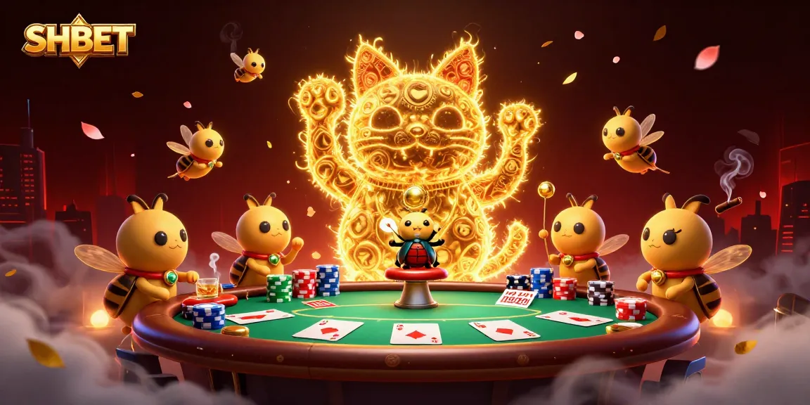 Experience thrilling gameplay at SHBET with a captivating 3D lucky cat illustration, showcasing dynamic casino symbols.