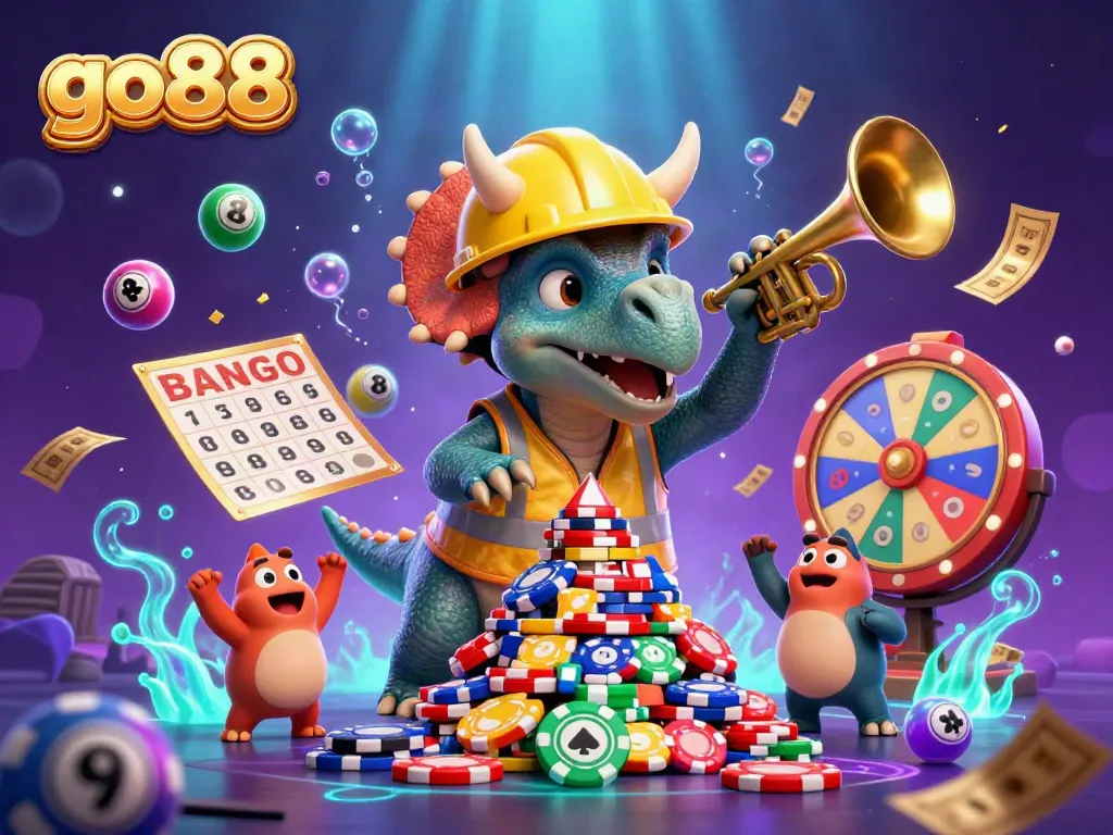 Experience the excitement of go88 with expertly crafted cartoon characters celebrating wins in a vibrant casino scene.