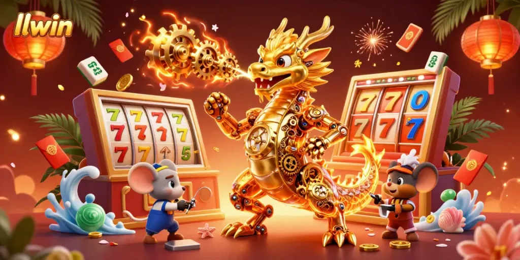 Engage with llwin's vibrant online casino scene featuring a golden dragon amid lucky slots and treasures.