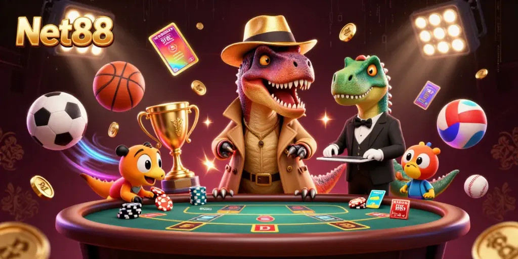 Experience exciting Net88 gaming with a velociraptor at a blackjack table surrounded by sports bet elements.