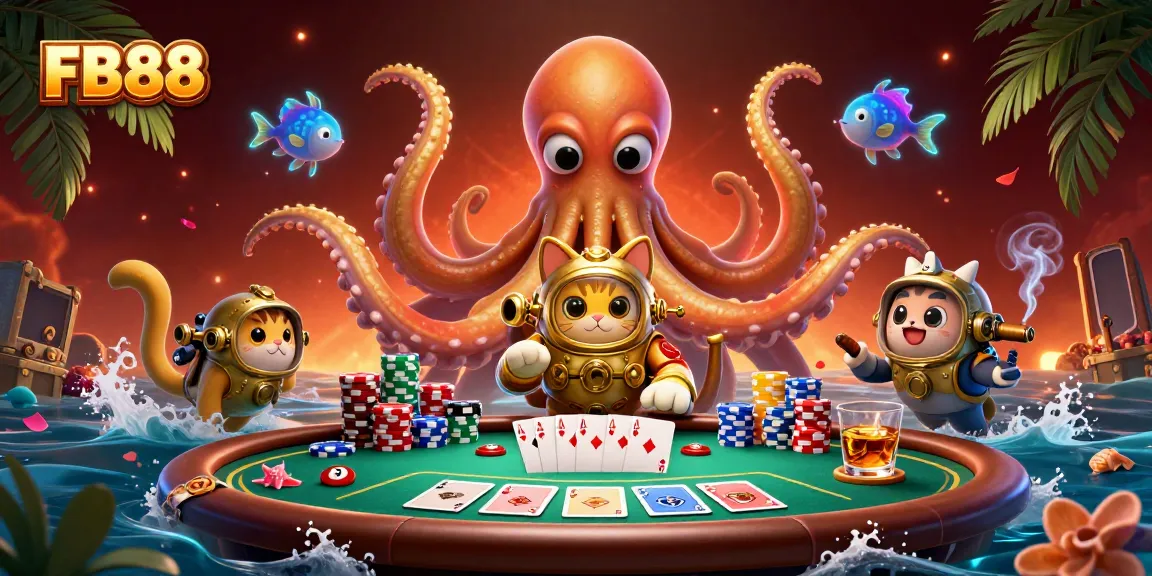Experience excitement with FB88 - an engaging casino scene featuring a kraken and diving cat amidst poker elements.