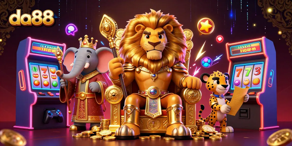 Experience winning thrills with da88 in a vibrant 3D casino setting featuring a lion king and gaming elements