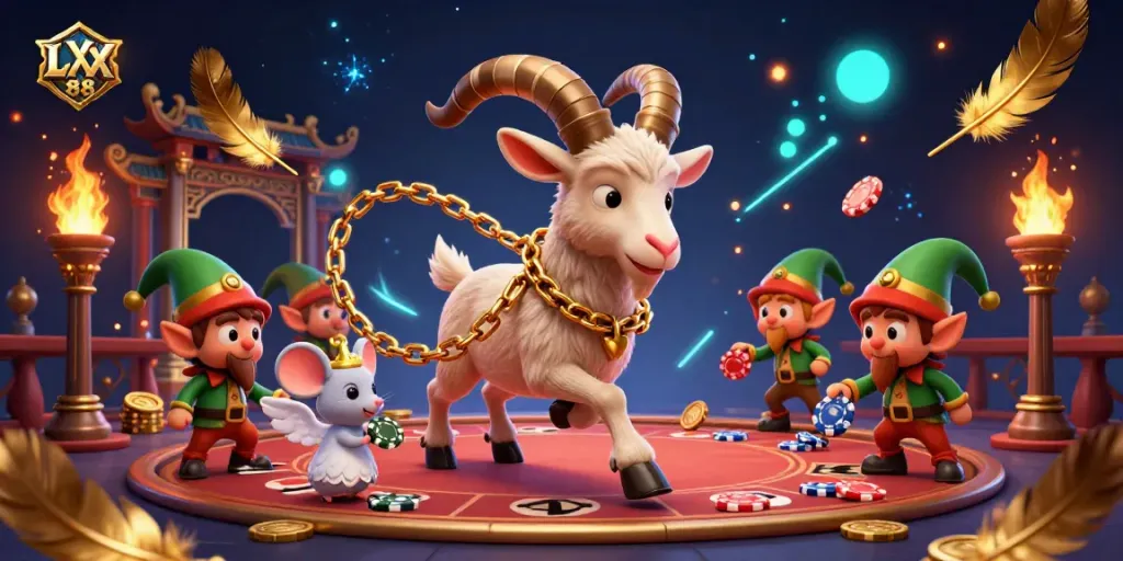 Experience the festive chaos of LX 88 with Krampus goat and elf gremlins in a vibrant casino scene.
