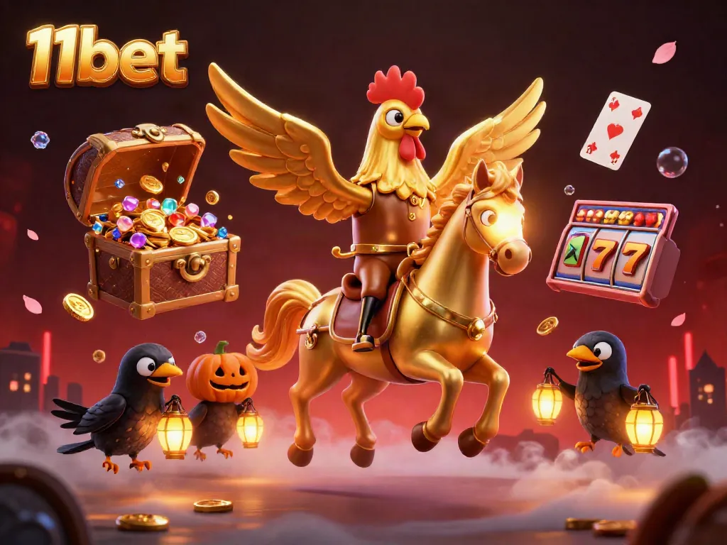 Win big at 11bet with this vibrant 3D casino scene featuring a golden rooster and captivating games.