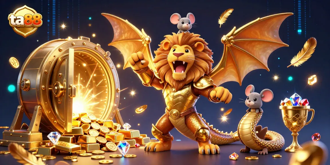 Engage with ta88's thrilling casino ambiance featuring a golden chimera and treasure elements.