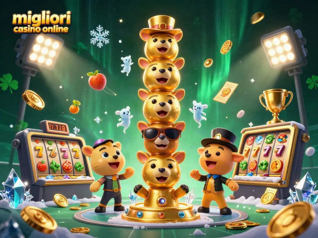 Scopri i migliori casino online con il nostro ricco e dinamico design 3D che presenta totem d'oro e slot machine.