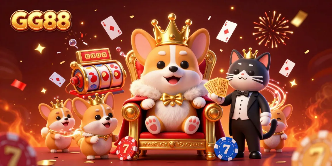 Experience GG88's vibrant casino magic with a royal corgi and lively gaming elements in this 3D art.