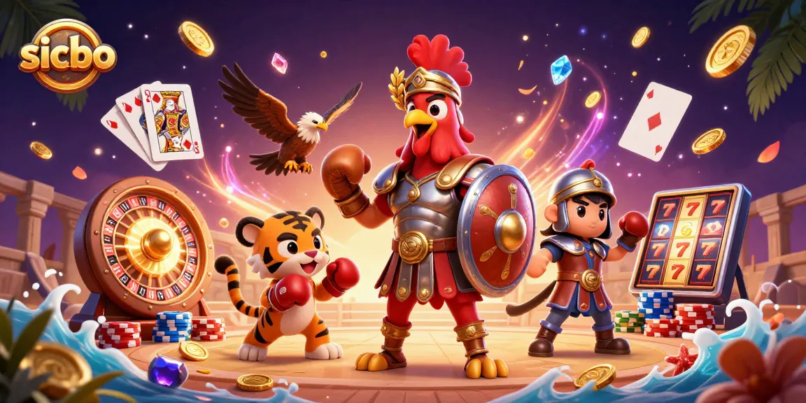 Experience sicbo action with a dynamic 3D scene of a gladiator rooster and sparring tiger cub.