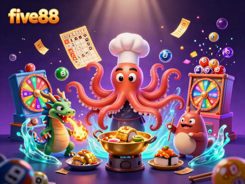 Experience thrilling casino action at five88 with colorful lottery balls and lively characters in a vibrant gaming scene.