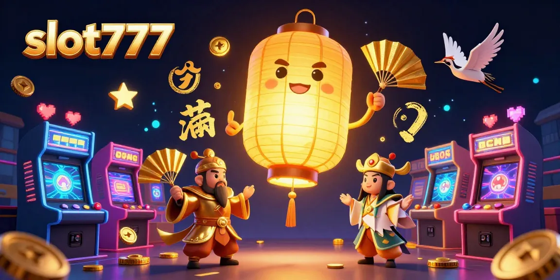 Spin to win at slot777 with golden lantern spirit and arcade games in a vibrant casino scene.