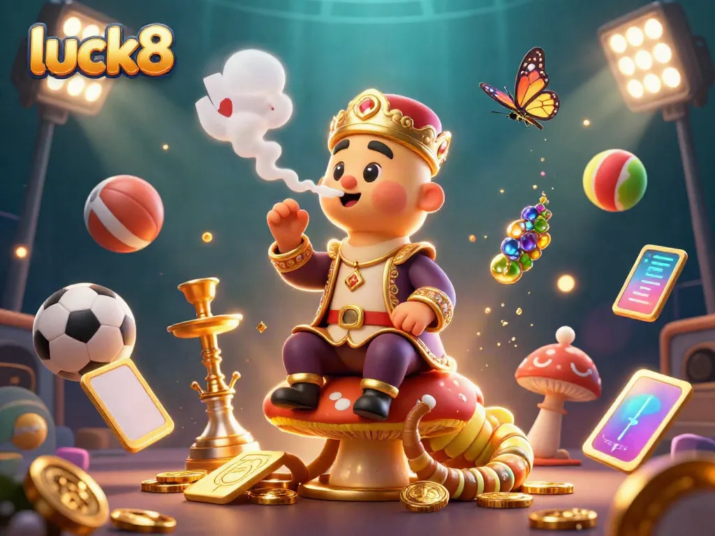 Experience the thrilling atmosphere of luck8 with vibrant casino elements and a whimsical sultan caterpillar character.