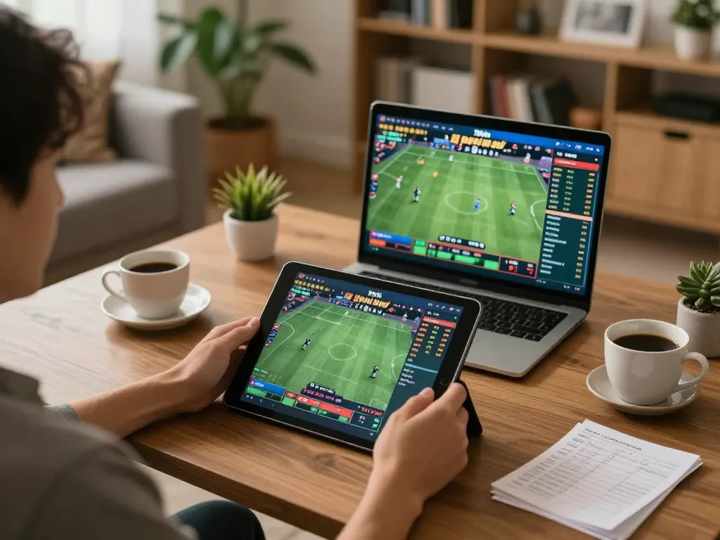 Engaging online betting experience on 78win with live sports stats displayed on a tablet.