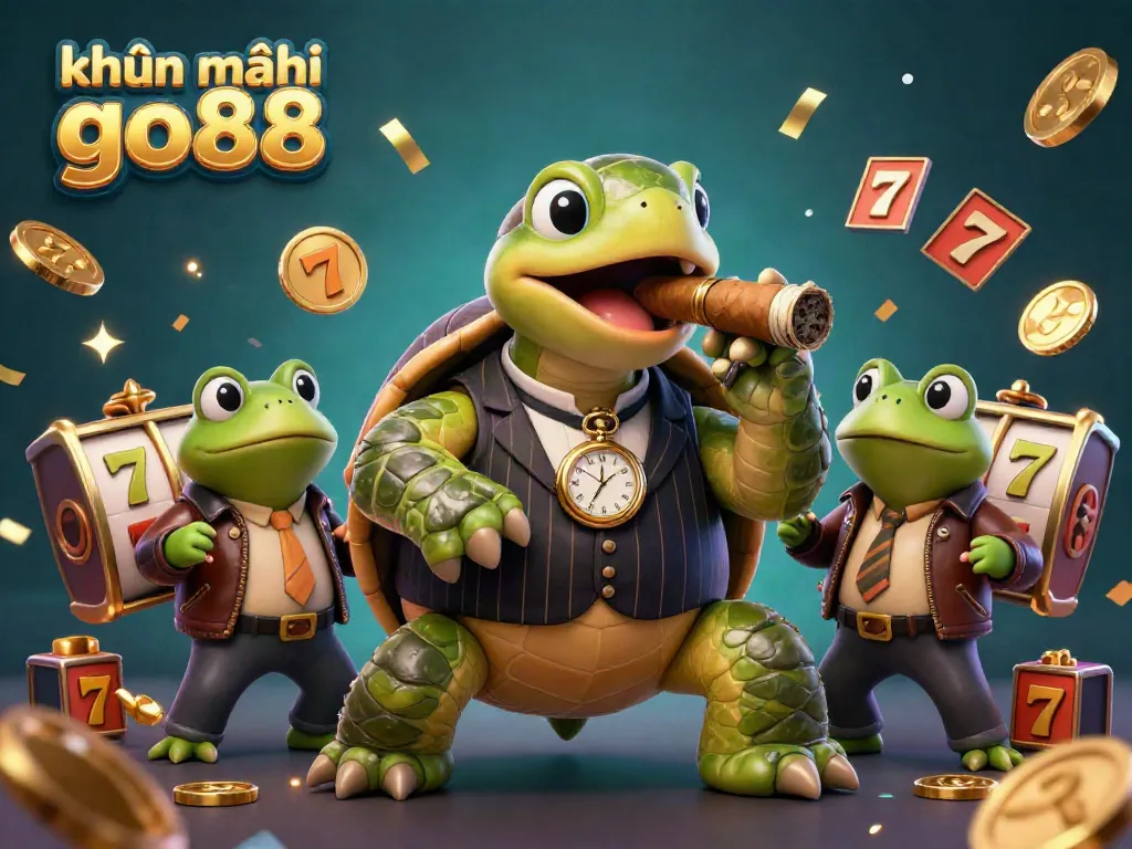 Experience the excitement of khuyến mãi go88 with a dynamic scene featuring a unique mobster turtle and vibrant casino elements.