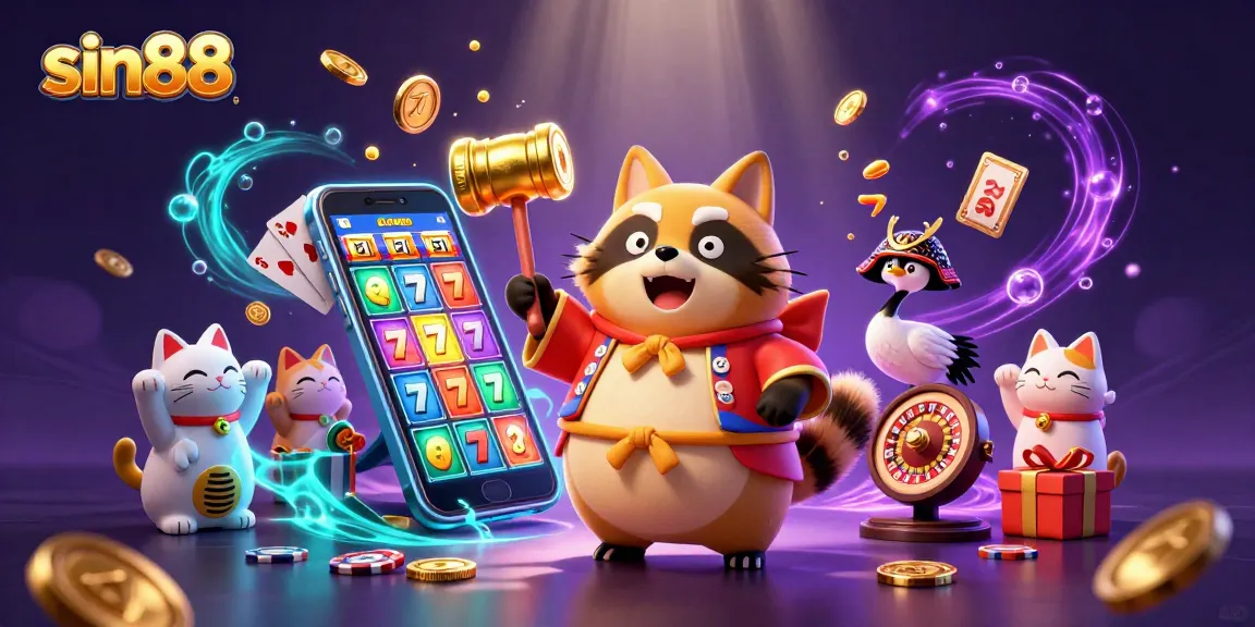 Engage with sin88 in a vivid, dynamic 3D casino scene showcasing cartoon characters and interactive slot game elements.