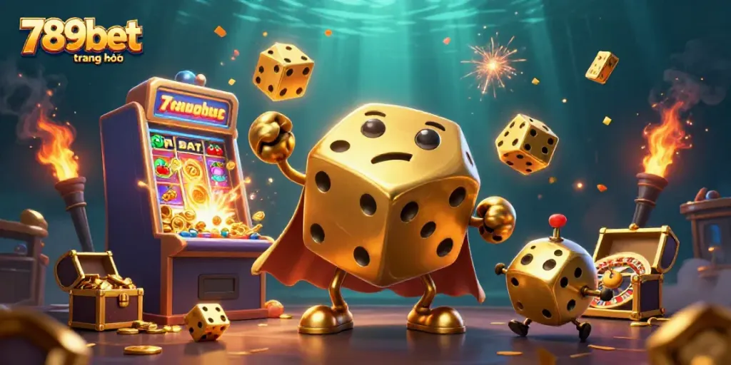 Experience vibrant gaming excitement with 789bet trang chủ in a dynamic casino scene featuring golden dice and bursting slot machines.
