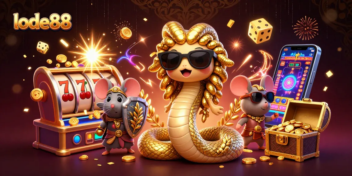 Lode88 casino illustration showing a playful Medusa and warrior mouse, with slot machines and golden elements highlighting gaming excitement.