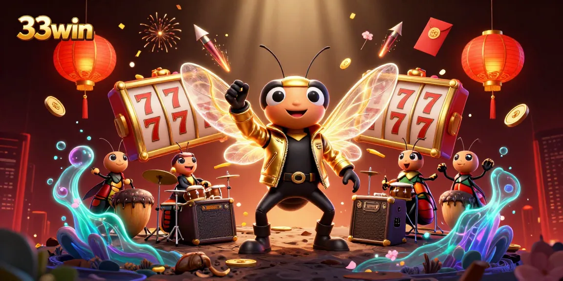 Win big at 33win with 3D cartoon characters celebrating slot games in a vibrant casino scene.