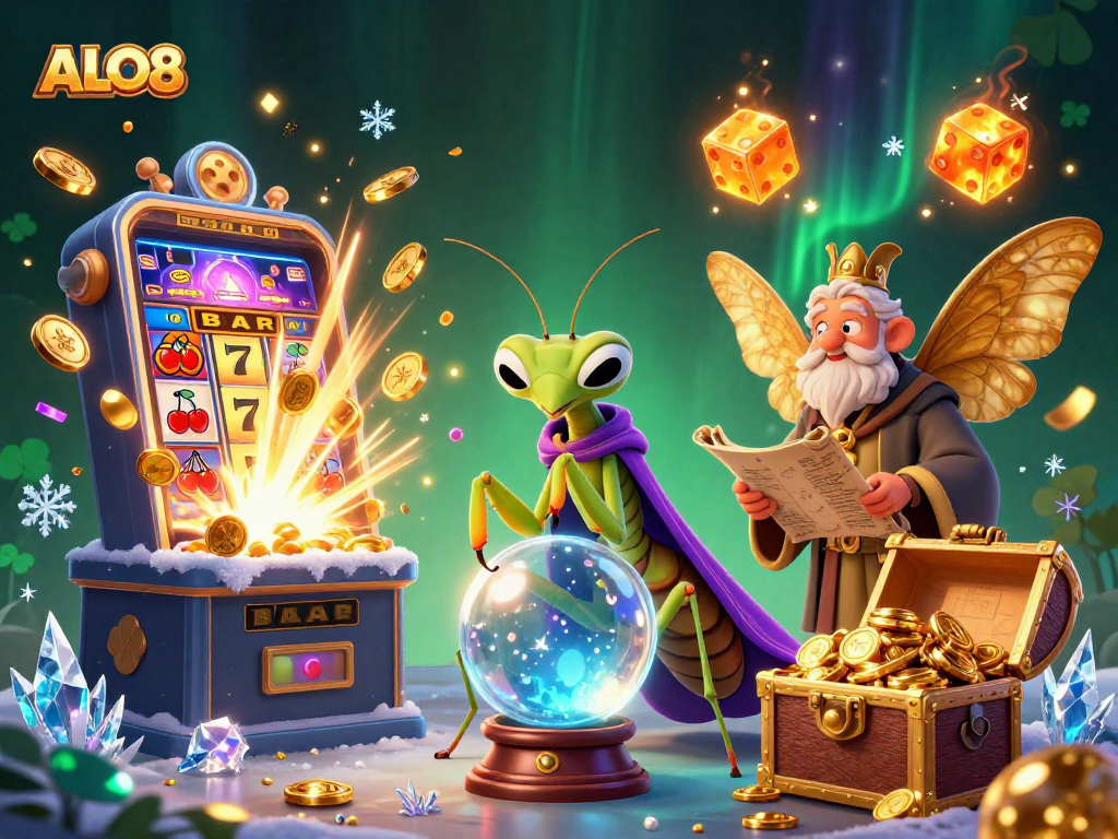 Play exciting casino games at ALO8, featuring a vibrant 3D scene with dynamic characters and slot machine elements.