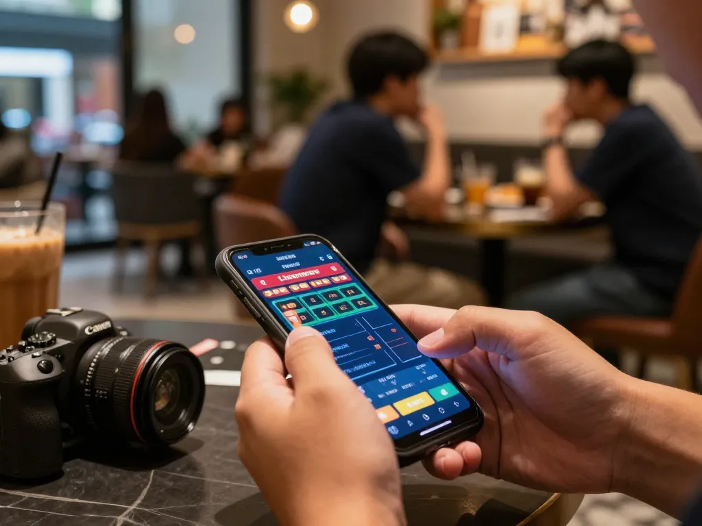 Engaging with togel singapore betting on smartphone in stylish café setting