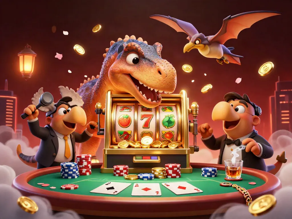 RIKBET showcases excitement as a pachycephalosaurus triggers a jackpot on a slot machine, capturing casino energy.