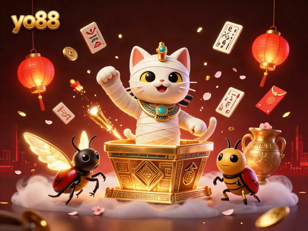 Experience thrilling casino excitement at yo88 with a dynamic 3D illustration showcasing an Egyptian mummy cat and vibrant casino elements.