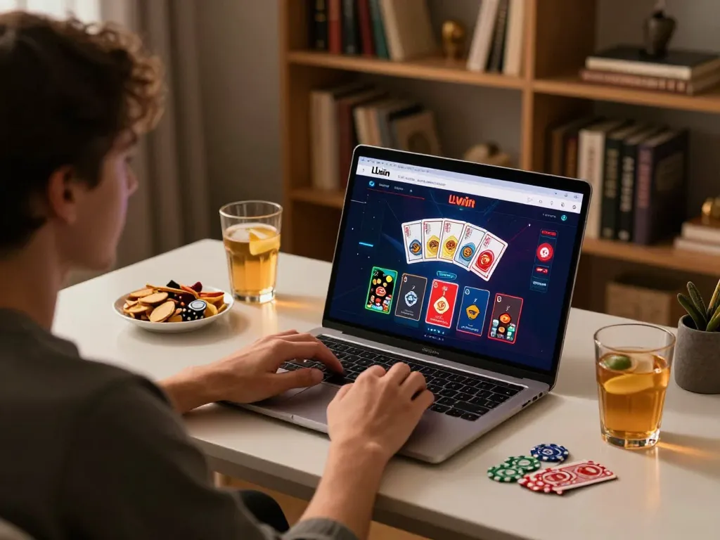 LLwin online casino gameplay with a player engaging on a laptop at home, showcasing a cozy gaming atmosphere.
