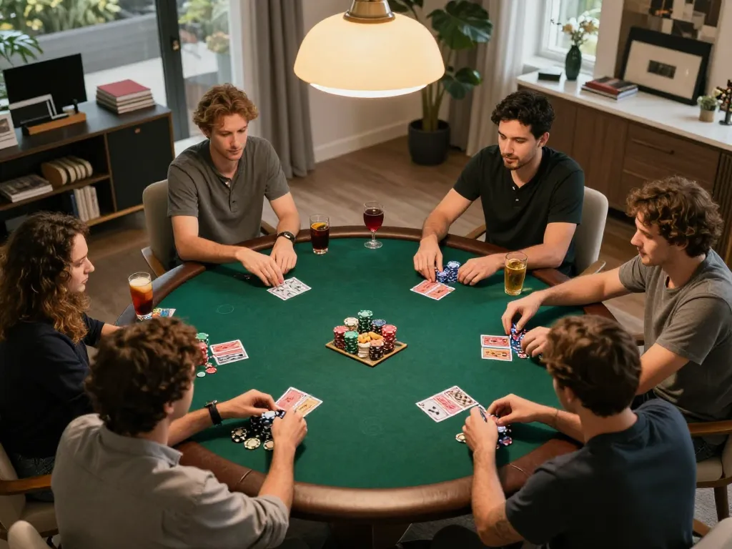 MM88 players engaging in a lively poker game at home, highlighting strategy and social interaction amidst snacks and drinks.