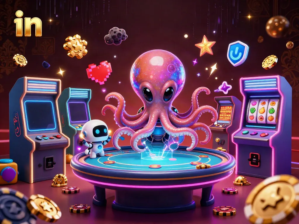 Experience thrilling poker action in with a vibrant cosmic octopus and robot amidst colorful gaming elements