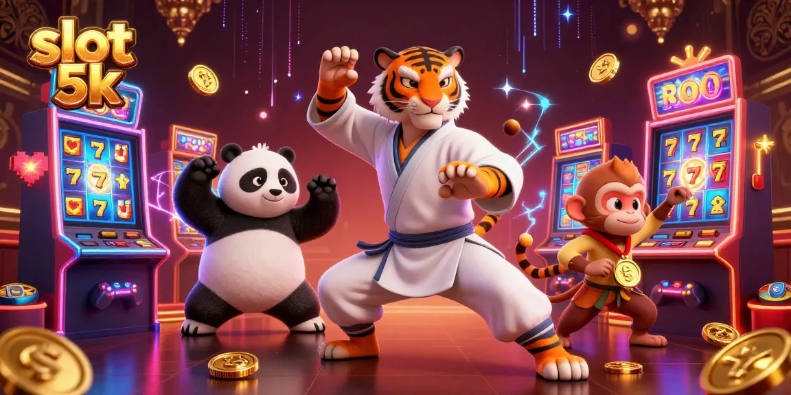 Engage with slot 5k action as a kung fu tiger and panda disciple play in a vibrant casino scene.