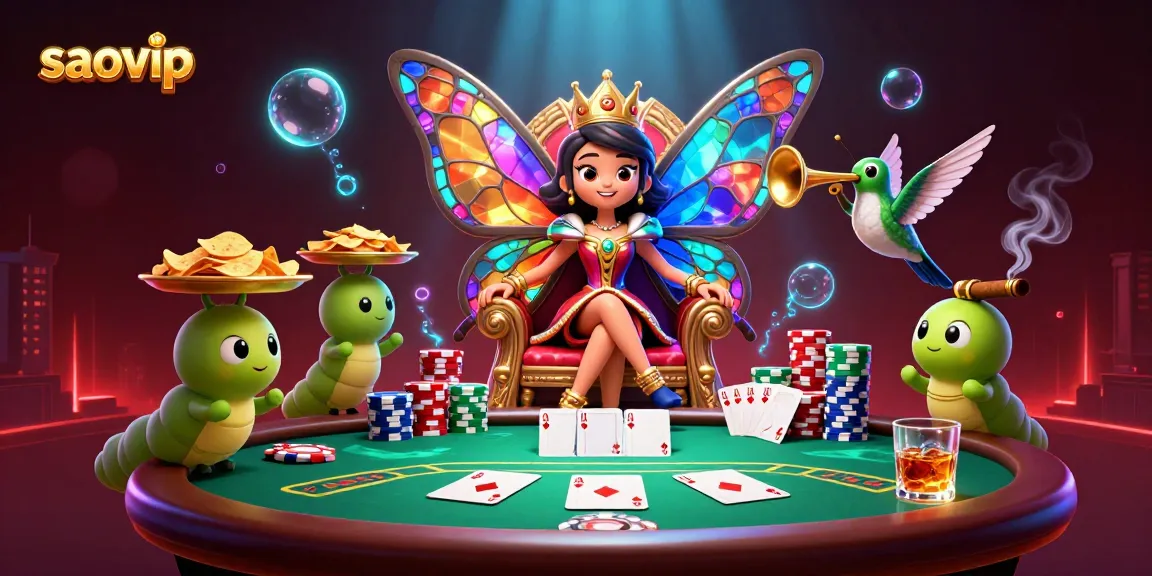 Experience exciting gaming at saovip with a dazzling butterfly queen in a luxurious casino scene.