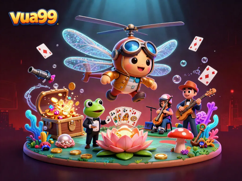 Engage in thrilling gaming adventures with vua99, featuring 3D dragonfly pilot and frog croupier in a vibrant casino scene.