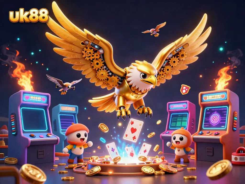 Experience the thrill of uk88 with a dynamic 3D illustration showcasing casino games and sports elements.