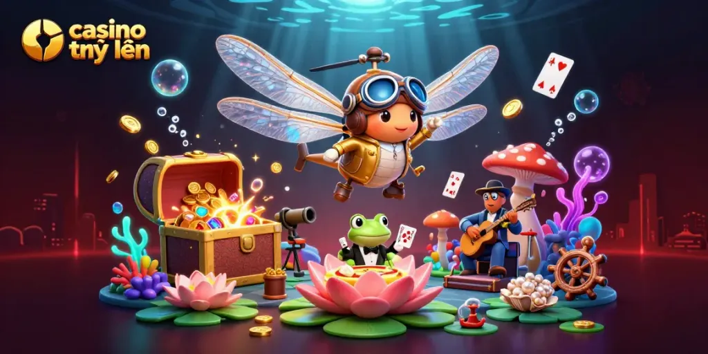 Trải nghiệm sòng bạc trực tuyến với côn trùng và croupier trong một khung cảnh đầy màu sắc.