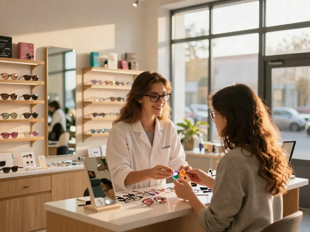 Young woman exploring lentes de contato com grau in a vibrant eyewear store.