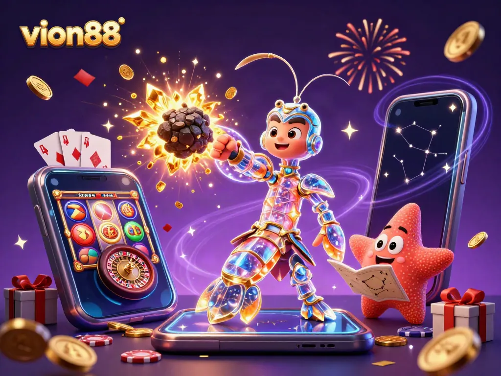 Experience exciting gameplay with vion88, featuring a dynamic illustration of vibrant casino elements.