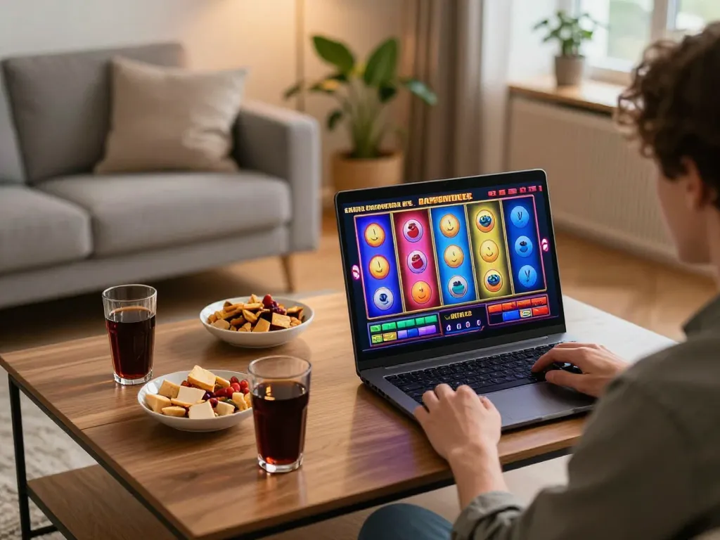 Playing exciting slot games online using link resmi in a cozy home setting with snacks and drinks
