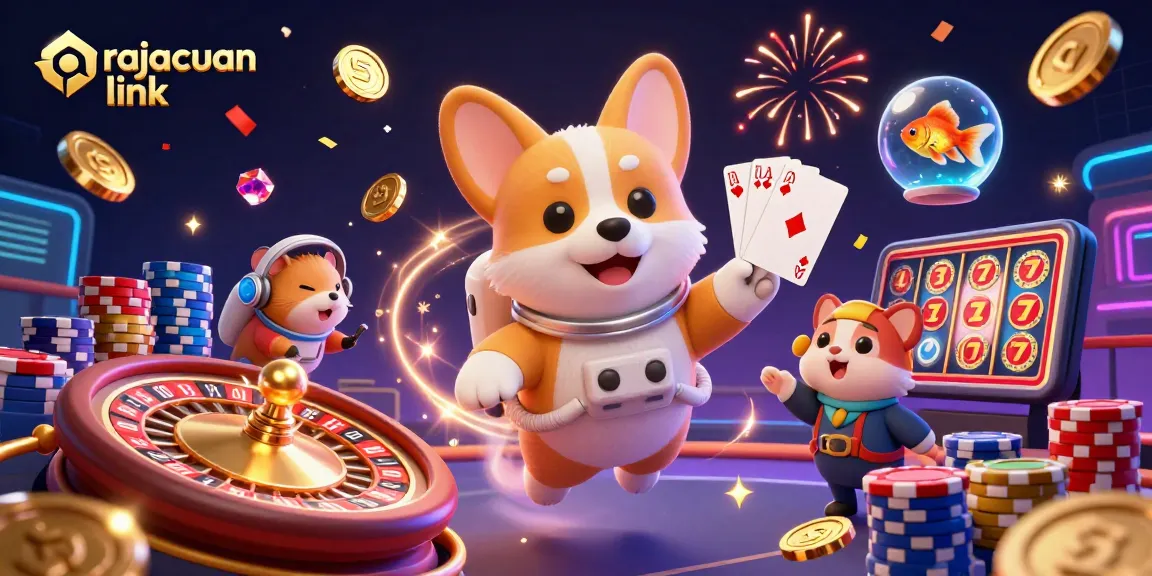 Experience the excitement of the rajacuan link with floating casino elements and animated characters.